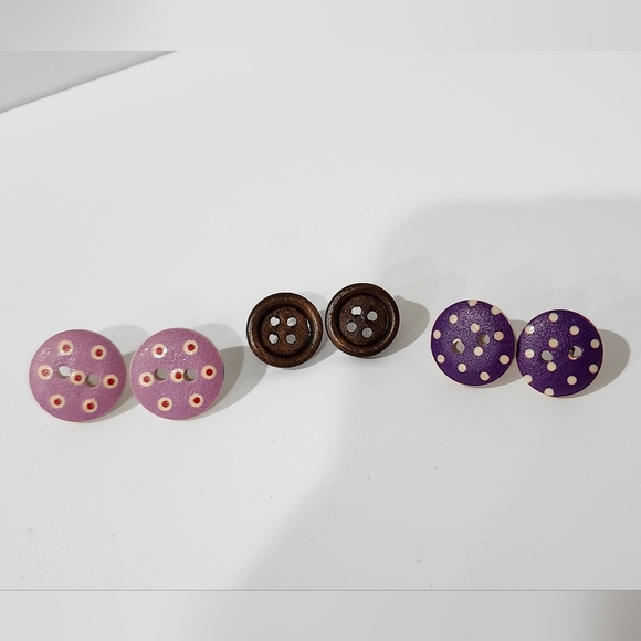 Cute Wooden Button Earrings Bundle Lot of 3 Studs Purple Polka Dots Artsy - Picture 1 of 5